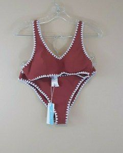 Cupshe Women's Pink And White Crochet Trim Sporty Bikini Set Size Medium 6/8